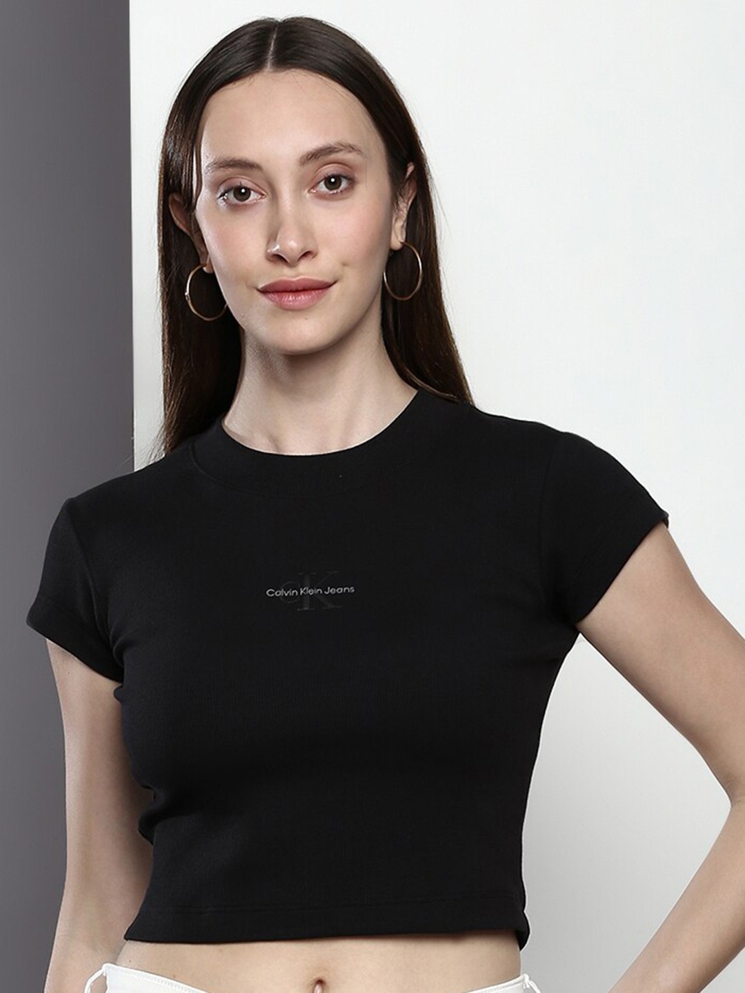 

Calvin Klein Jeans Brand Logo Printed Crop Slim Fit T-shirt, Black
