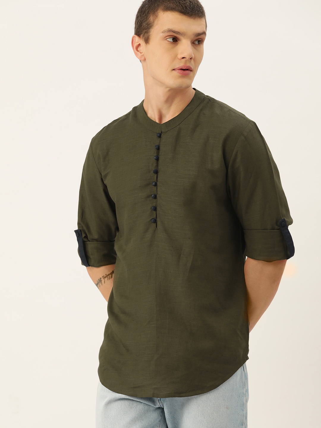 

Kook N Keech Men Linen Shirt Kurta, Olive