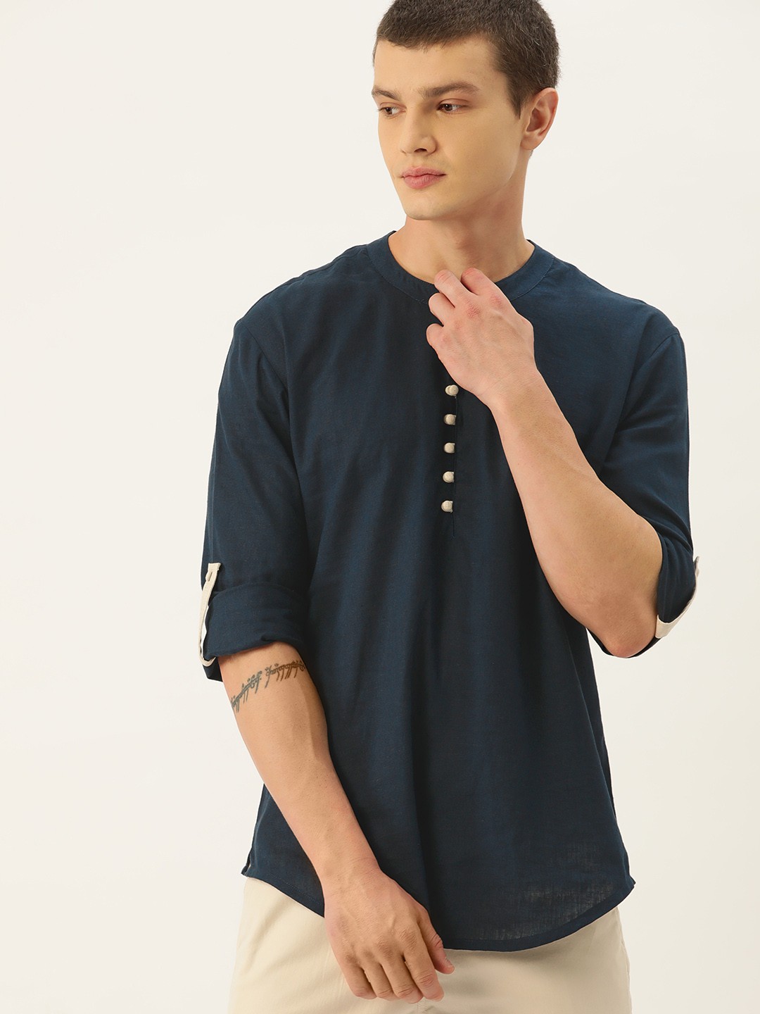 

Kook N Keech Men Linen Shirt Kurta, Navy blue