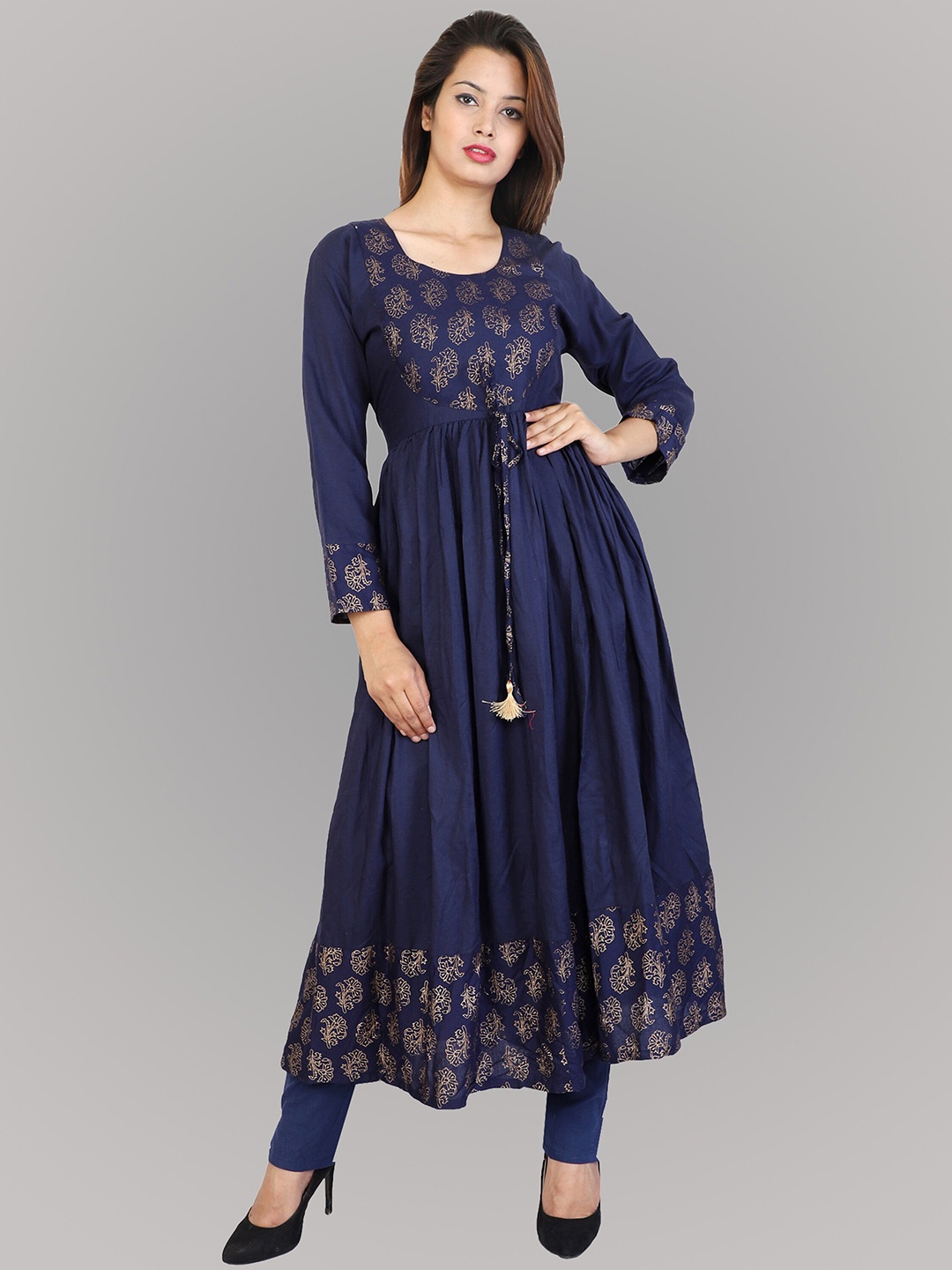 

METRO-FASHION Ethnic Motifs Yoke Design Cotton A-Line Kurta, Navy blue