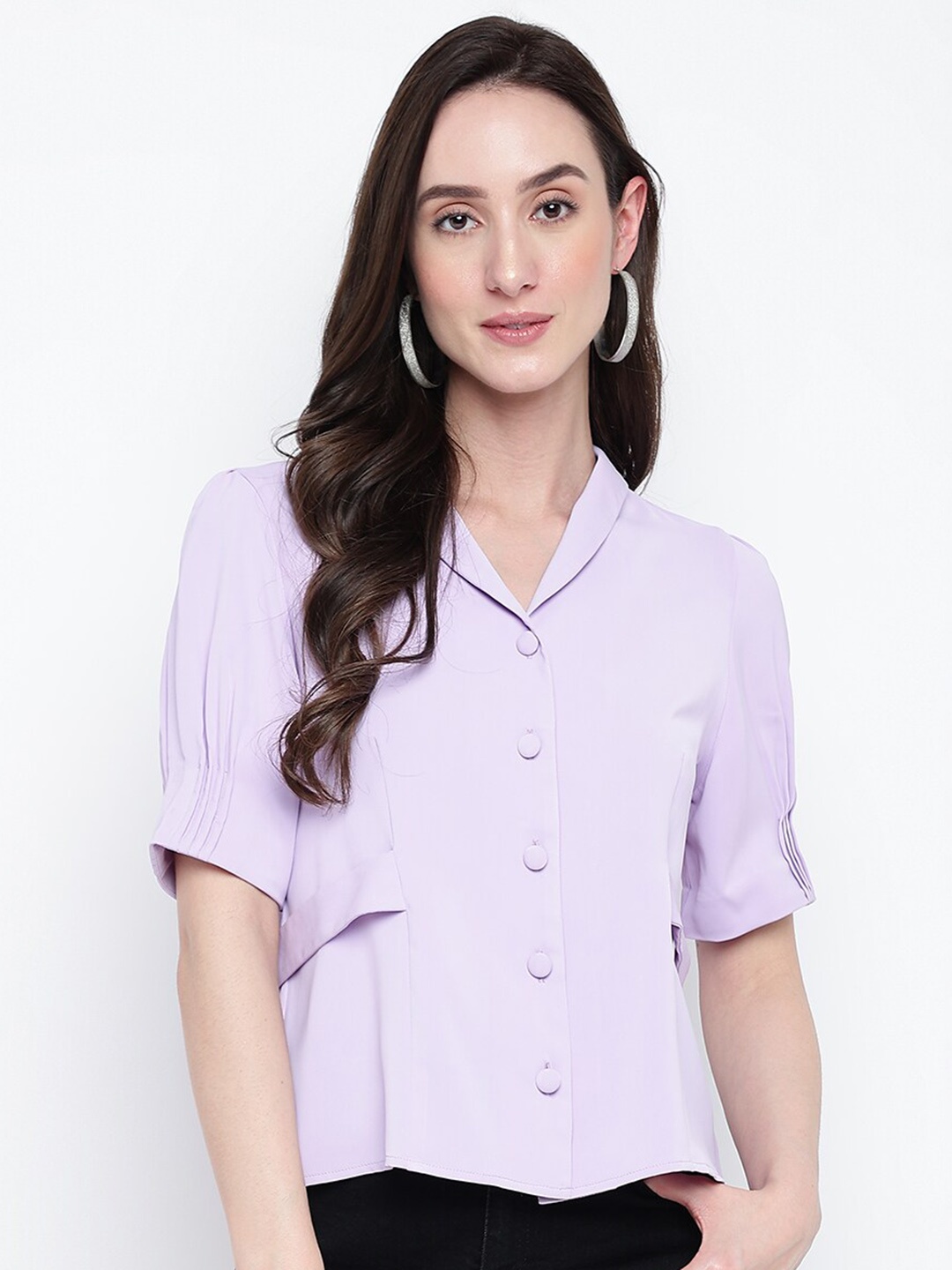

Latin Quarters Shawl Collar Puff Sleeves Shirt Style Top, Purple