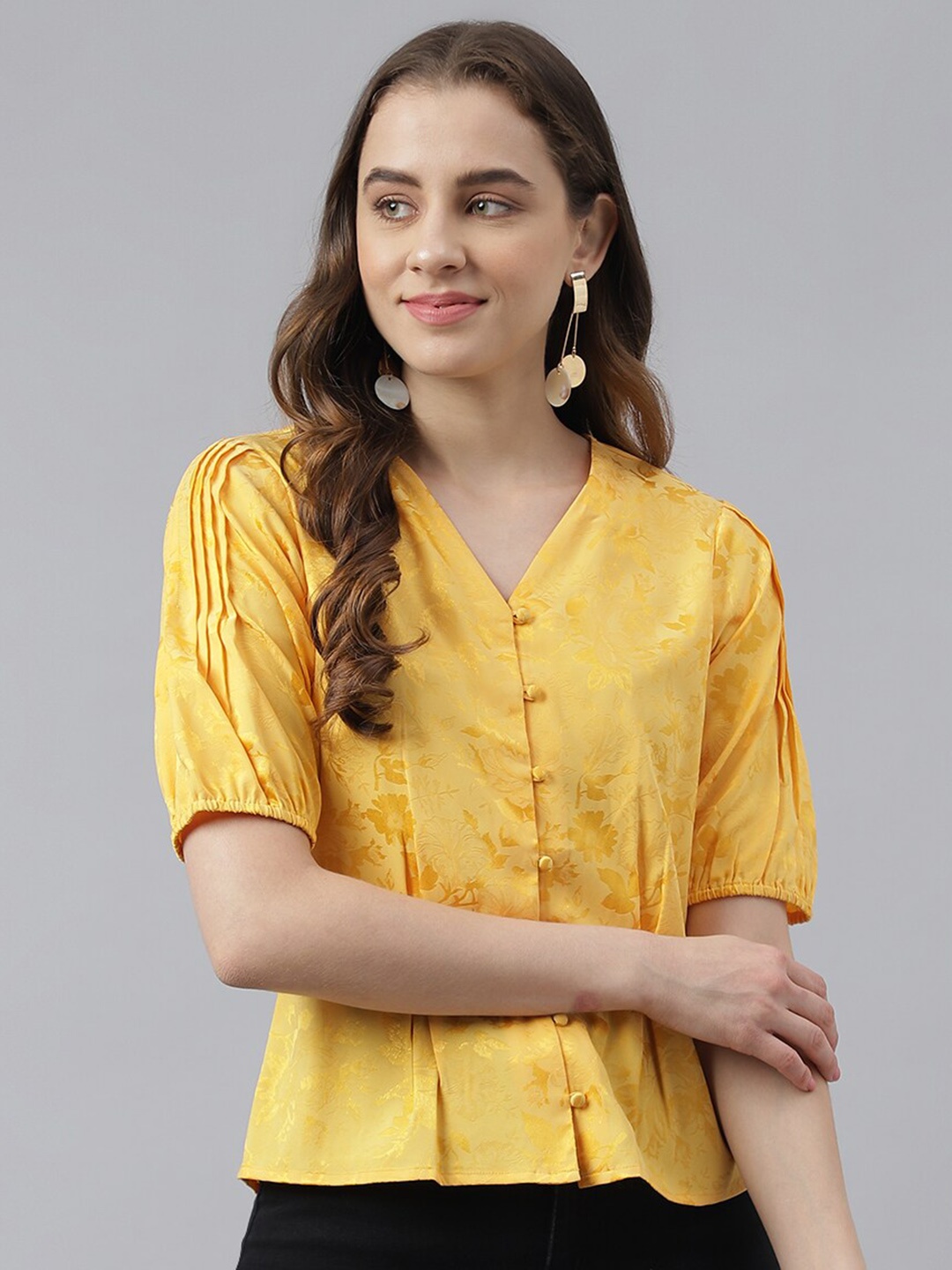 

Latin Quarters Floral Printed V-Neck Puff Sleeve Peplum Top, Yellow