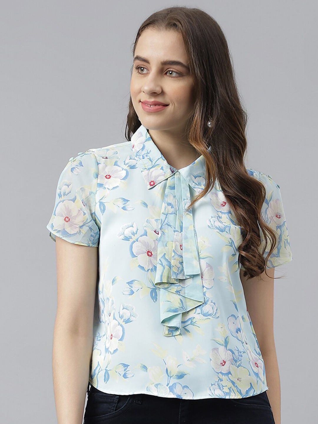 

Latin Quarters Floral Printed Slit Sleeves Tie-Up Neck Shirt Style Top, Blue
