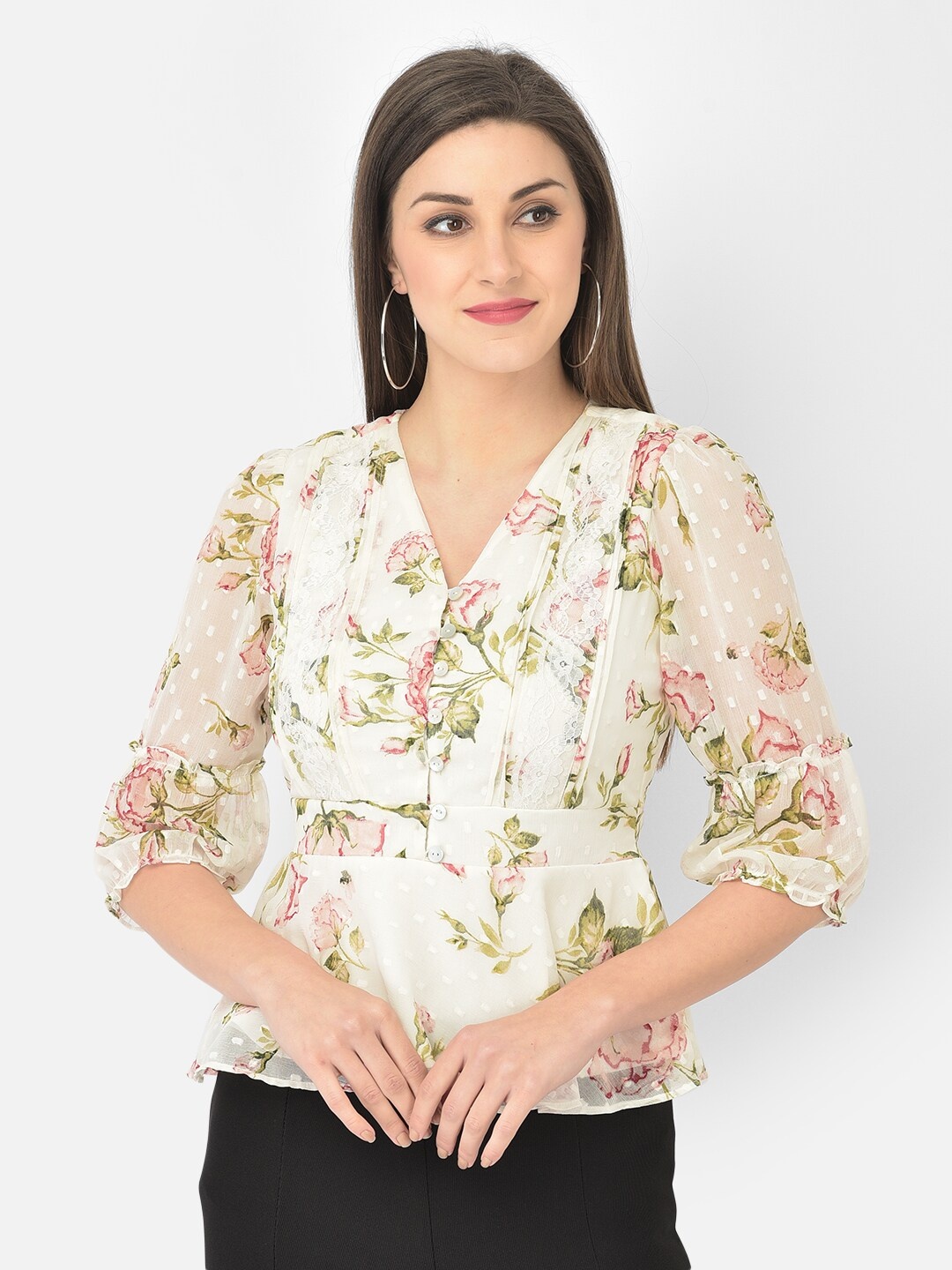

Latin Quarters Floral Printed V-Neck Puff Sleeves Peplum Top, White
