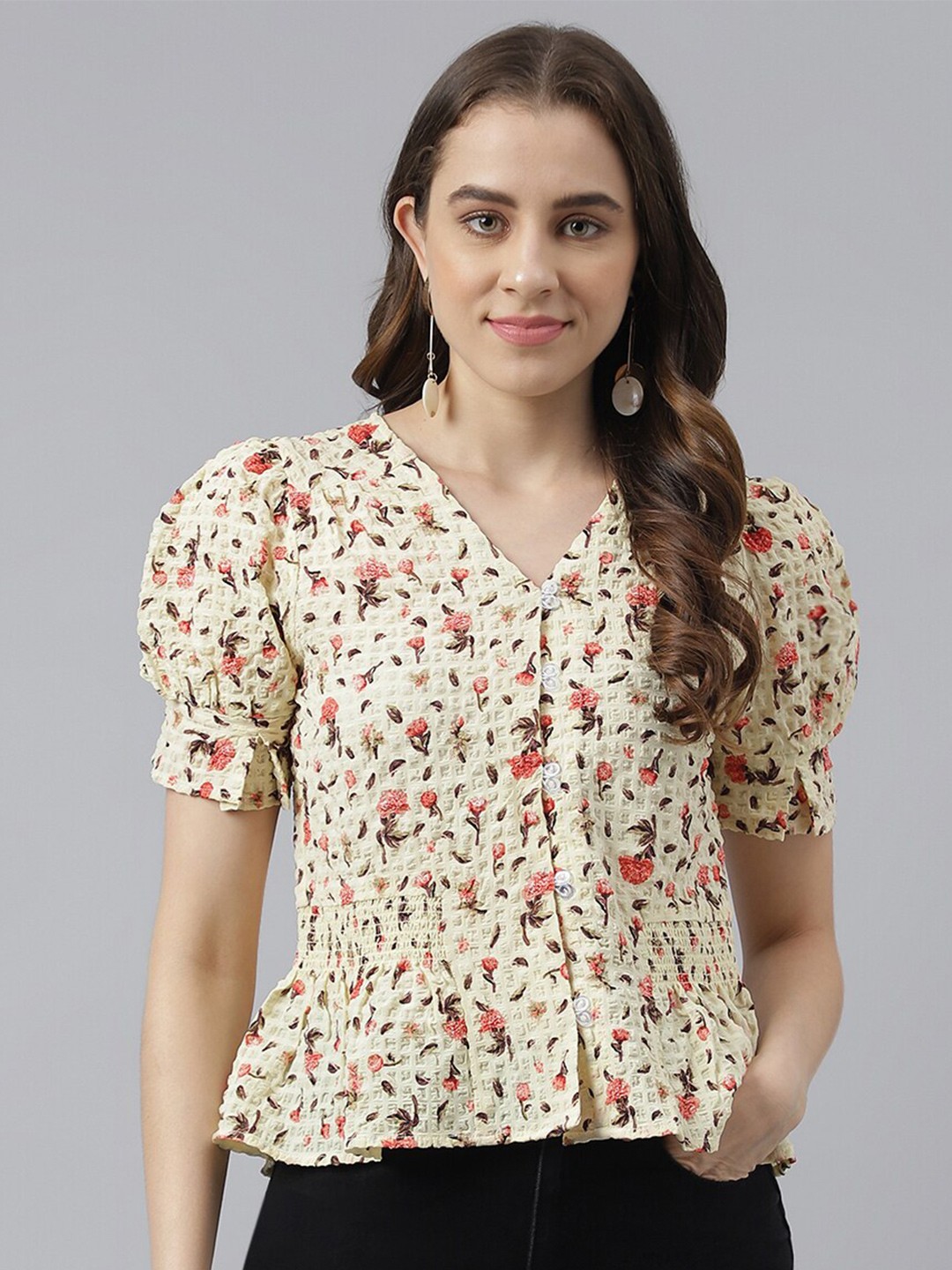 

Latin Quarters Floral Printed V-Neck Puff Sleeves Top, Yellow
