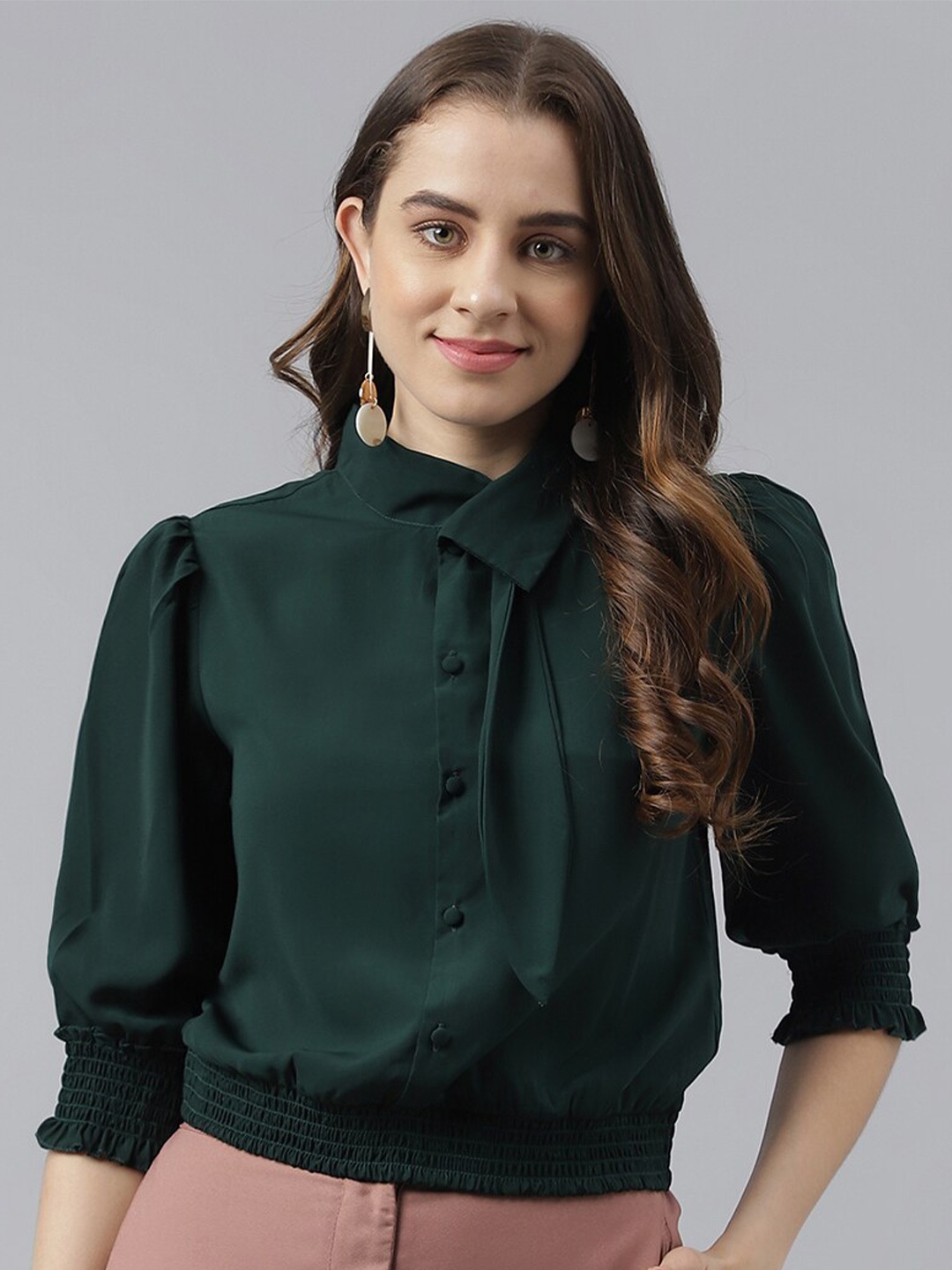 

Latin Quarters Puff Sleeve Shirt Style Top, Green
