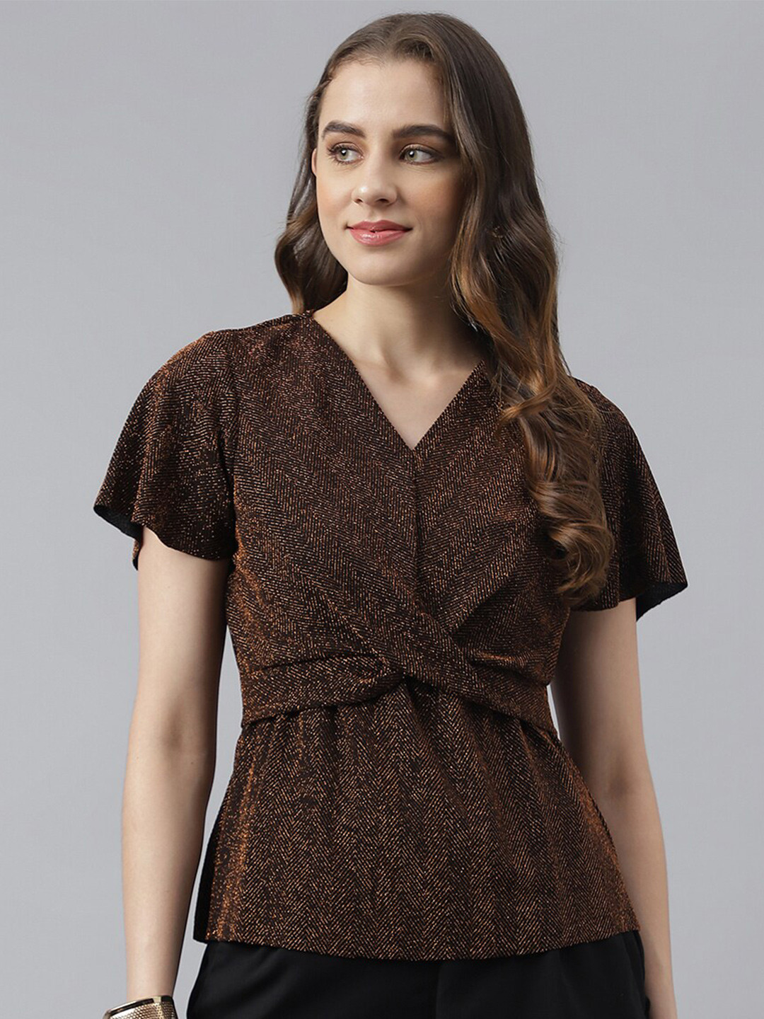 

Latin Quarters Self Design V-Neck Flared Sleeves Wrap Top, Copper