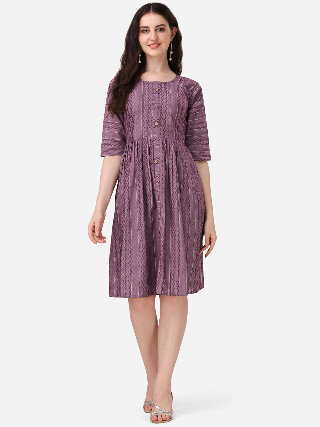 

KALINI Striped Pure Cotton Fit and Flare Dress, Purple