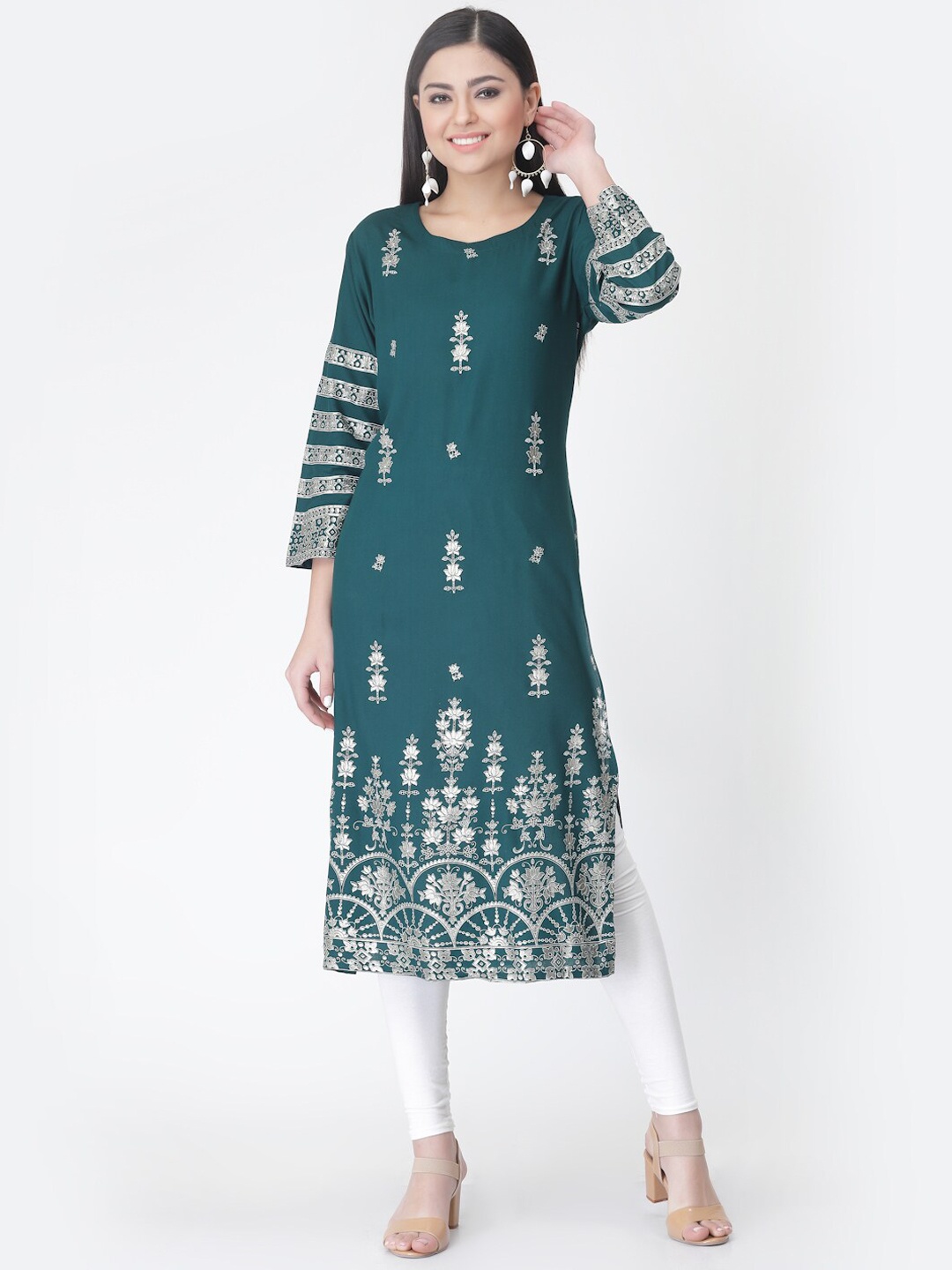 KALINI Teal & White Floral Printed Pure Cotton Kurta