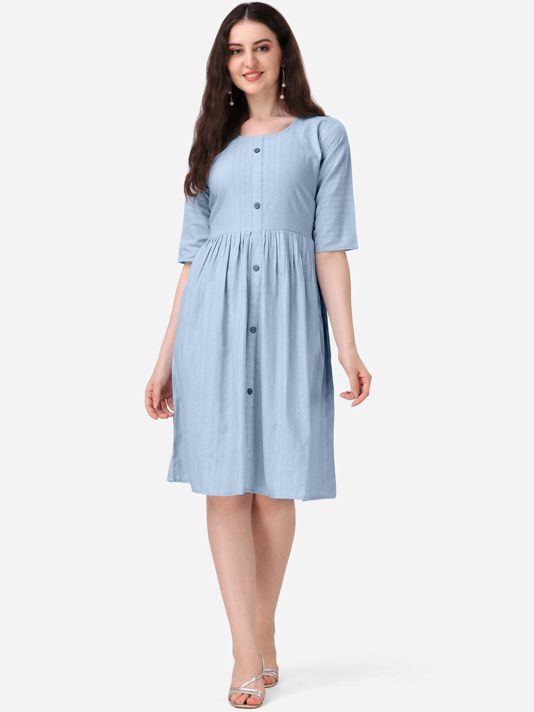

KALINI Striped Pure Cotton Fit and Flare Dress, Blue
