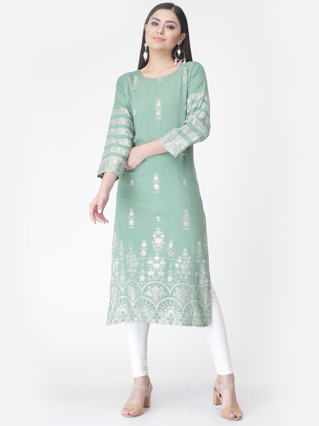 

KALINI Sea Green & White Floral Printed Pure Cotton Kurta