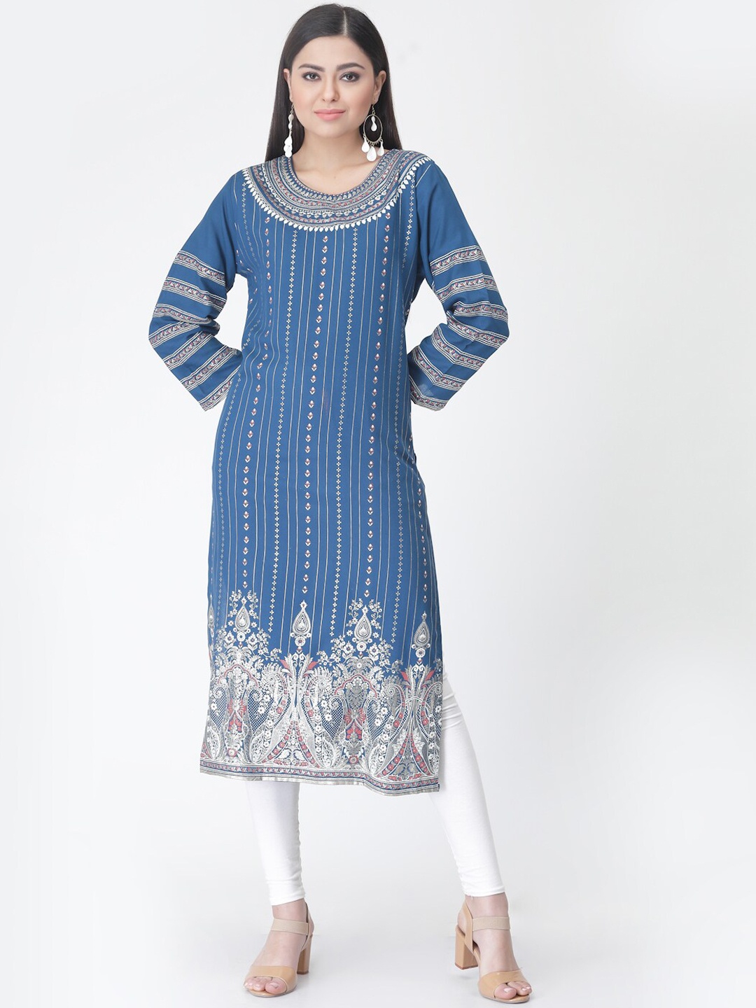 

KALINI Ethnic Motifs Ptinted Pure Cotton Straight Kurta, Blue