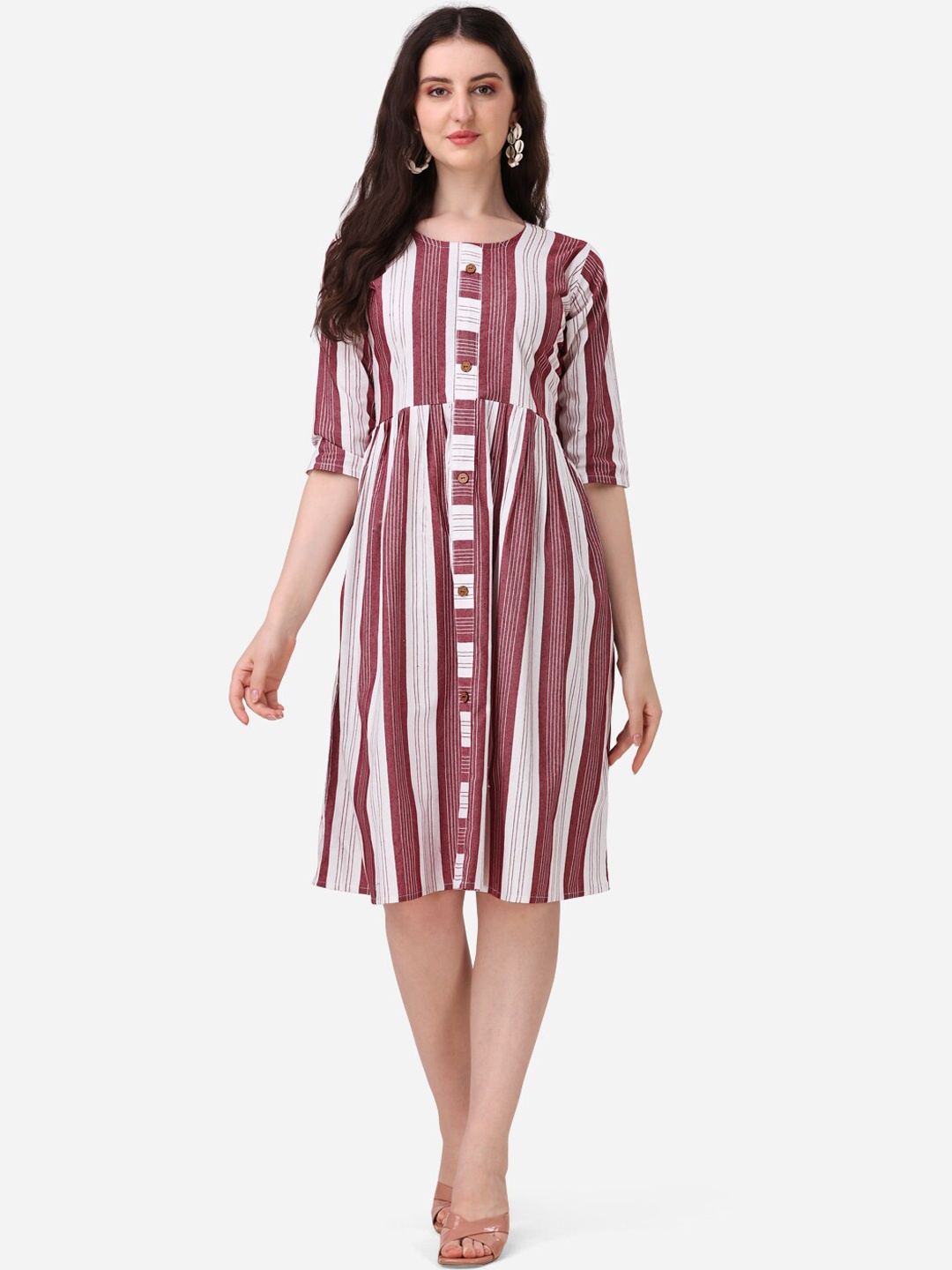 

KALINI Striped Pure Cotton Fit and Flare Dress, Maroon