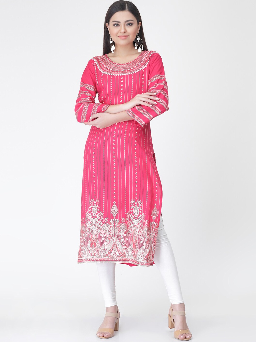 

KALINI Ethnic Motifs Ptinted Pure Cotton Straight Kurta, Pink