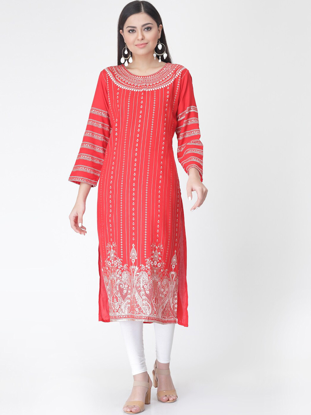 

KALINI Ethnic Motifs Ptinted Pure Cotton Straight Kurta, Red