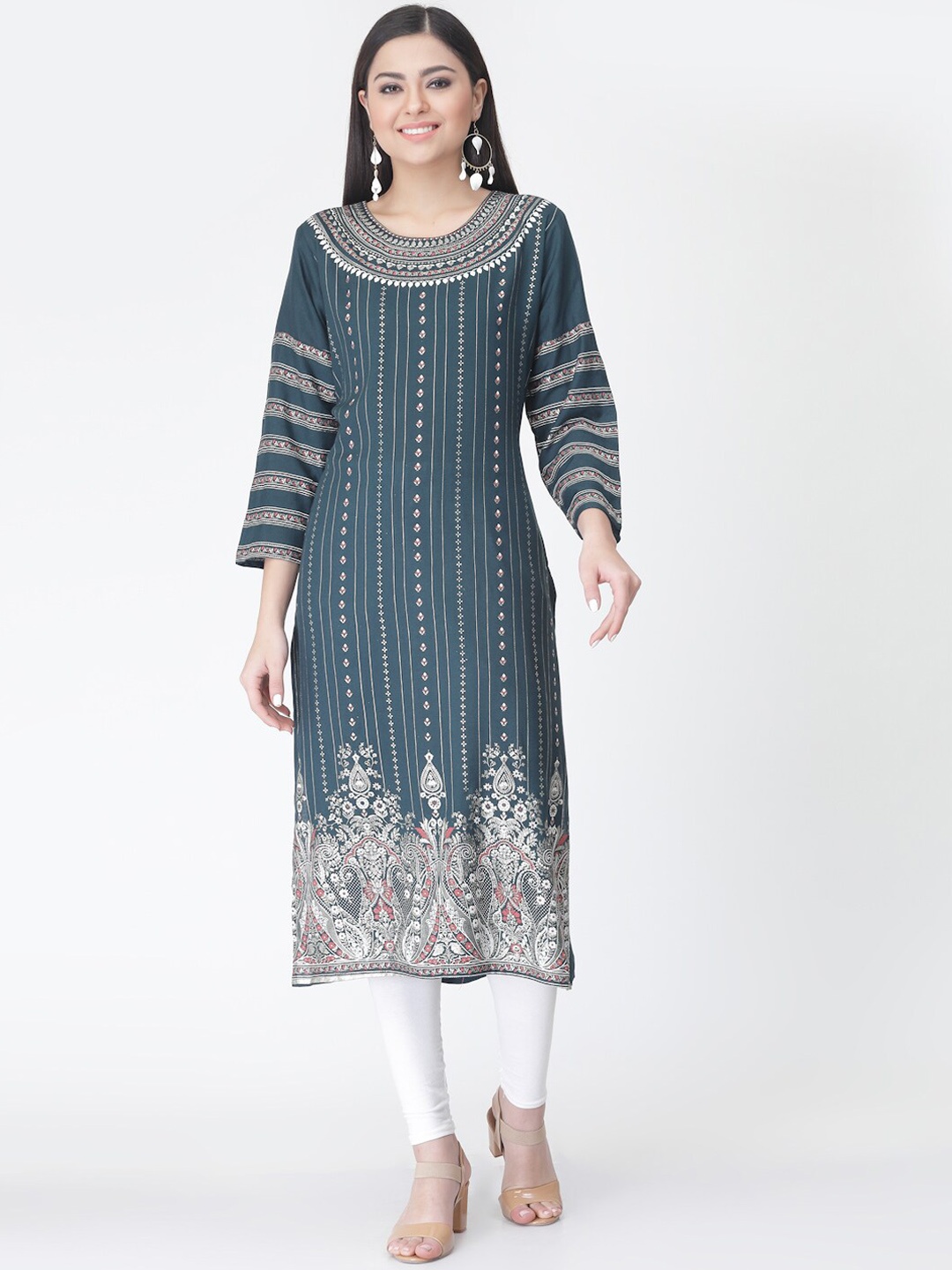 

KALINI Ethnic Motifs Ptinted Pure Cotton Straight Kurta, Green
