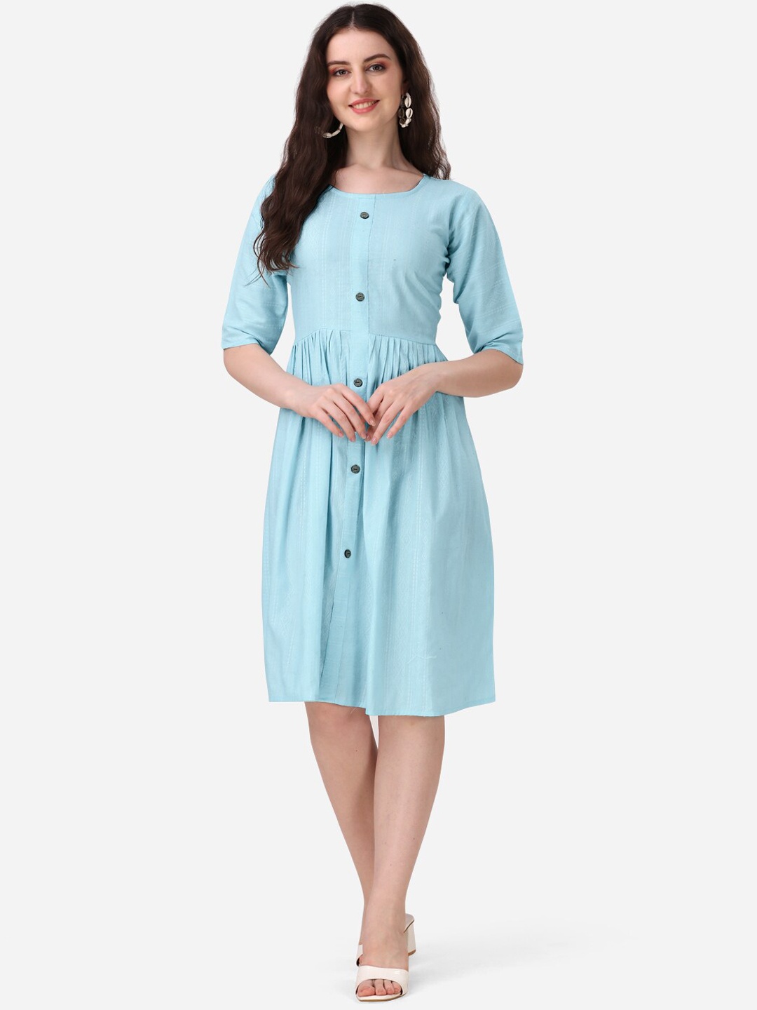 

KALINI Striped Pure Cotton Fit and Flare Dress, Blue