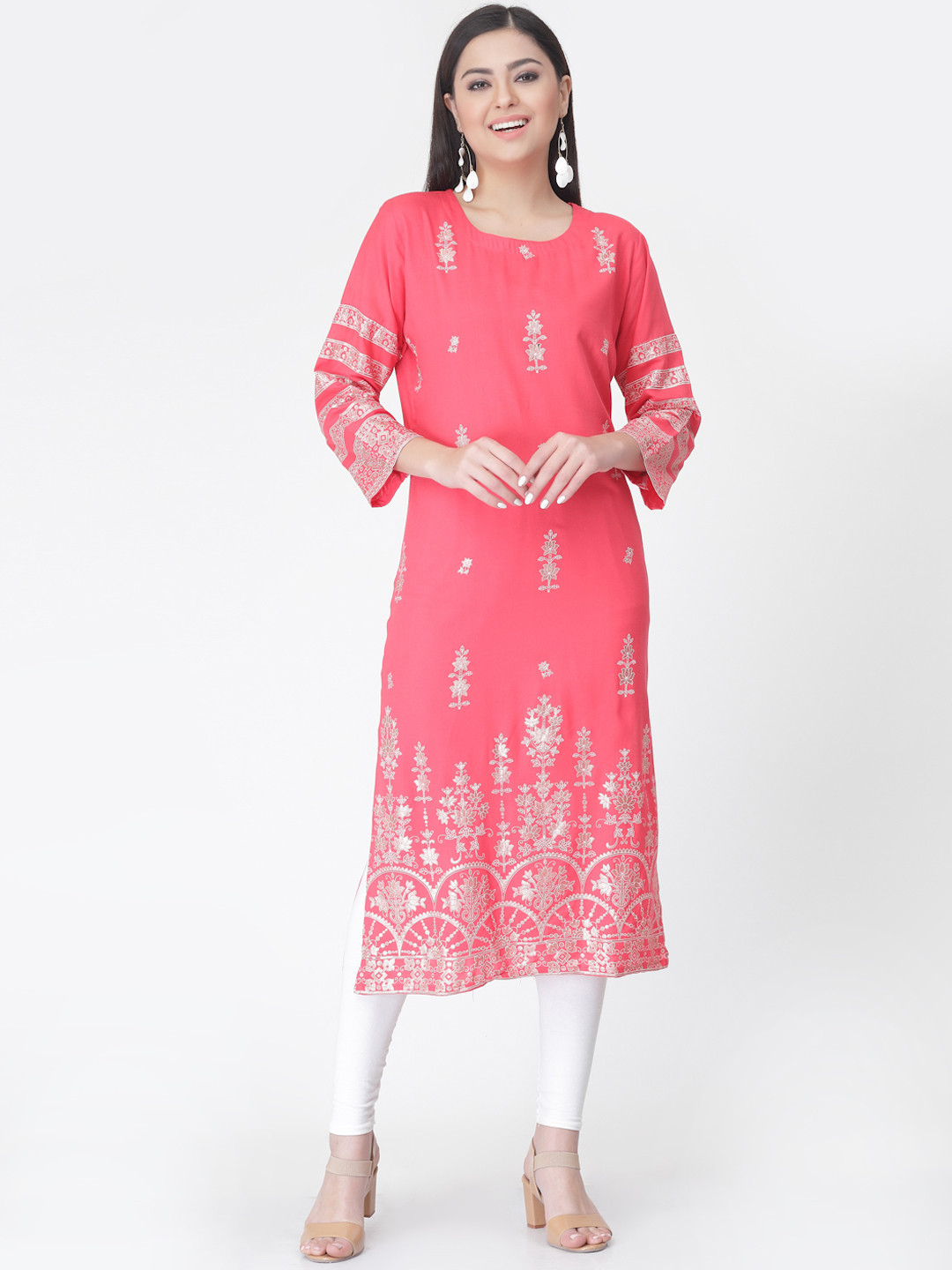 

KALINI Ethnic Motifs Printed Pure Cotton Straight Kurta, Pink