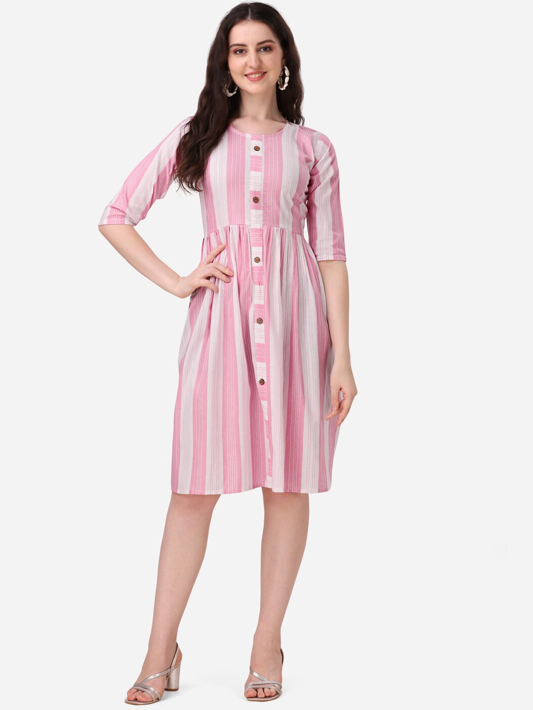 

KALINI Striped Pure Cotton Fit and Flare Dress, Pink