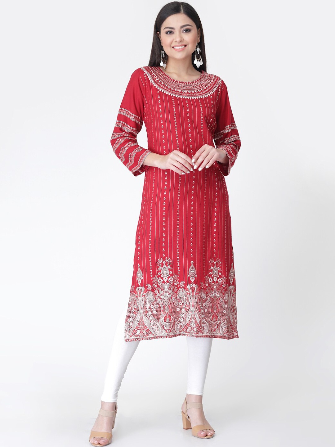 

KALINI Ethnic Motifs Printed Pure Cotton Straight Kurta, Red