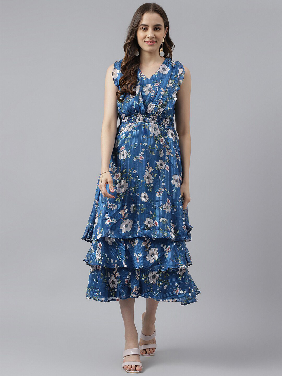

Latin Quarters V-Neck Floral Print Layered Fit & Flare Midi Dress, Blue