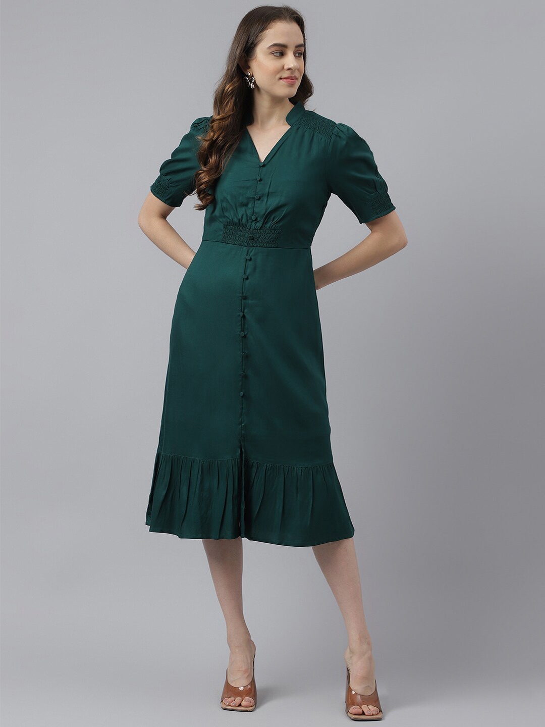 

Latin Quarters Mandarin Collar Puff Sleeve A-Line Midi Dress, Teal