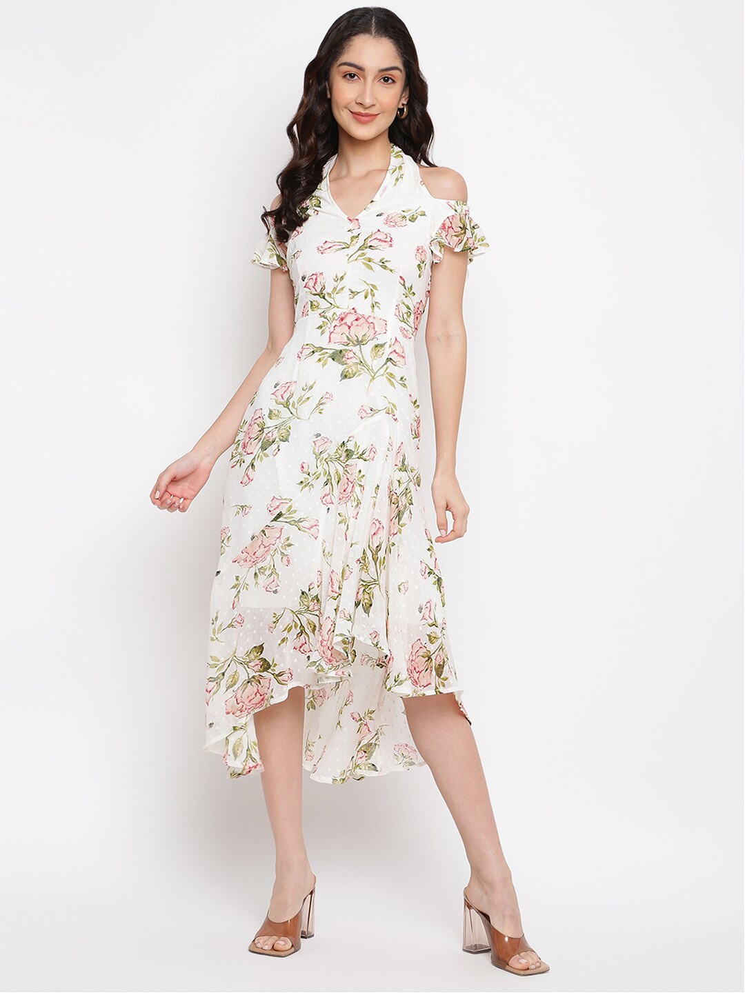 

Latin Quarters Floral Print Cold-Shoulder Midi Dress, White