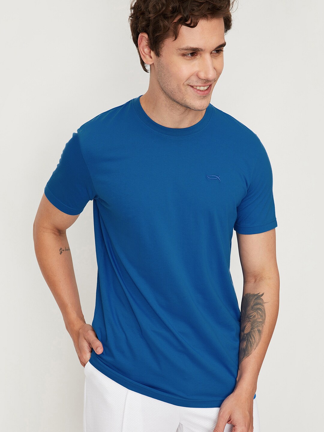 

max Round Neck Short Sleeves Cotton Lounge Tshirts, Blue