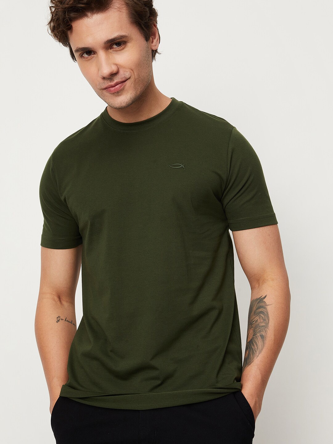 

max Round Neck Short Sleeves Cotton Lounge Tshirts, Olive