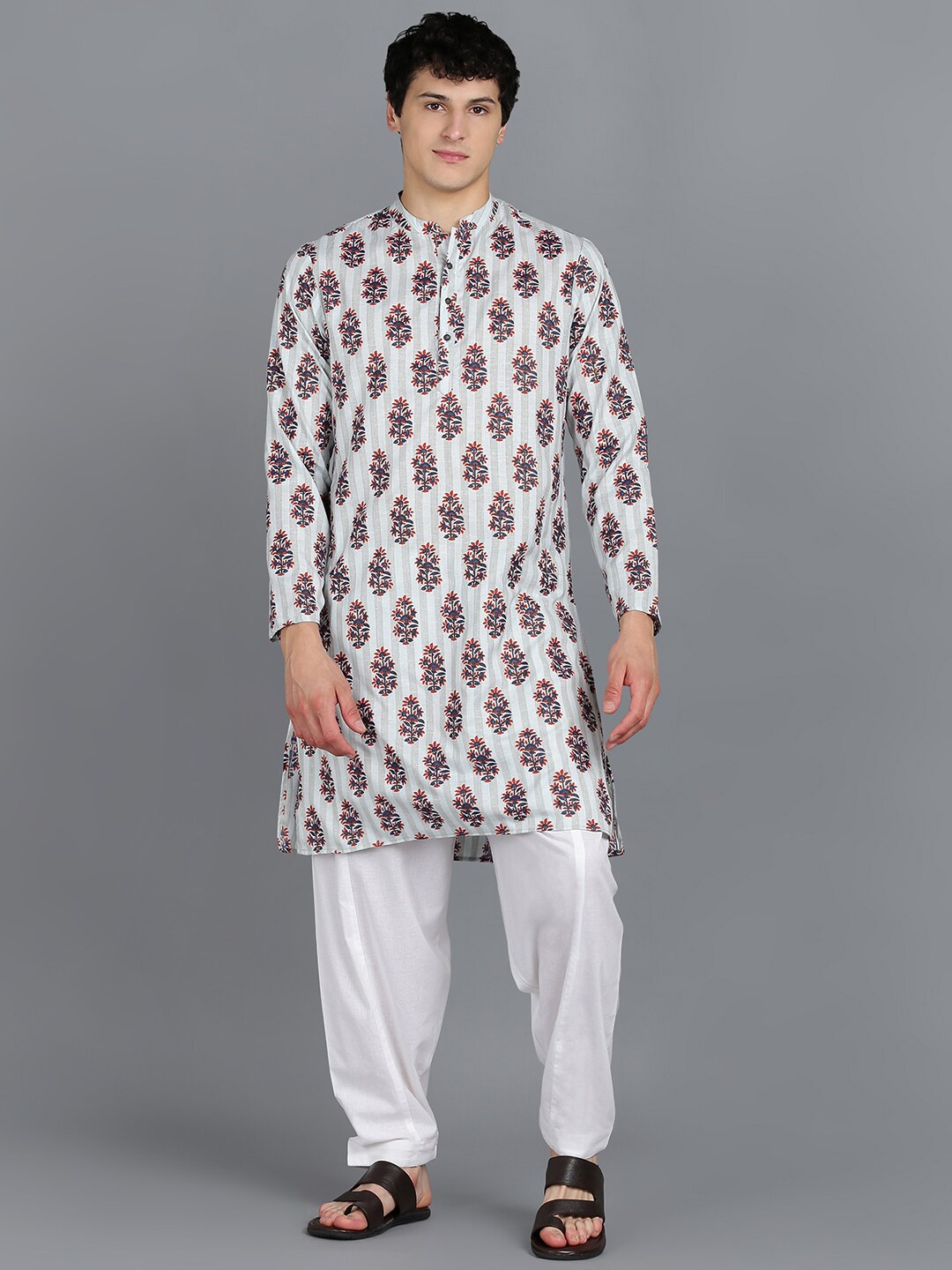 

MALHAAR Floral Printed Band Collar Kurta with Pyjamas, Blue