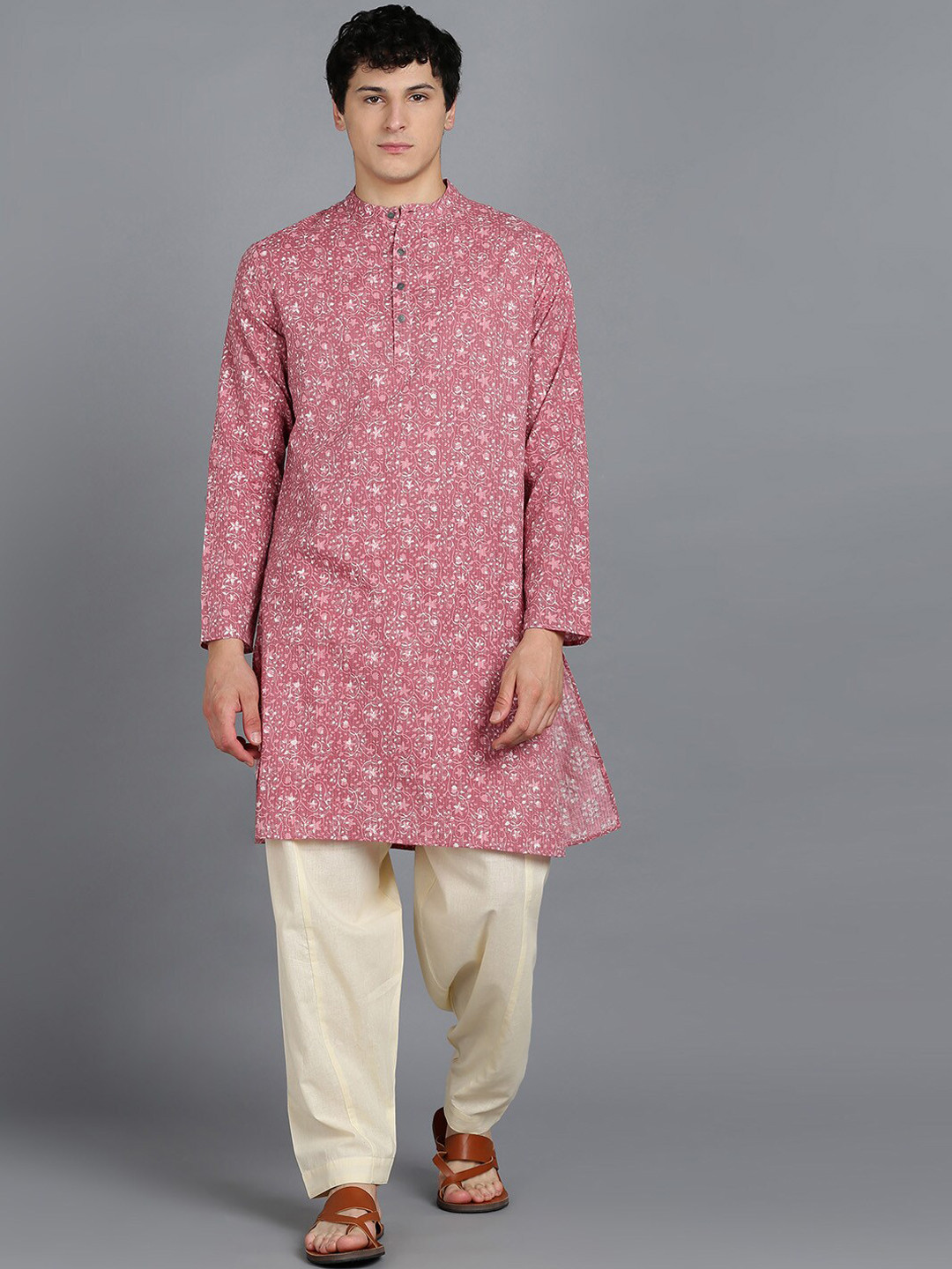 

MALHAAR Band Collar Floral Printed Regular Pure Cotton Kurta with Pyjamas, Pink