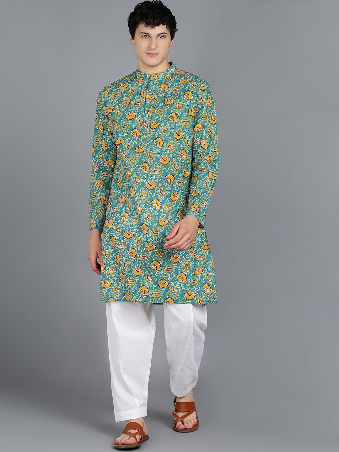 

MALHAAR Ethnic Motifs Printed Pure Cotton Kurta with Pyjamas, Turquoise blue