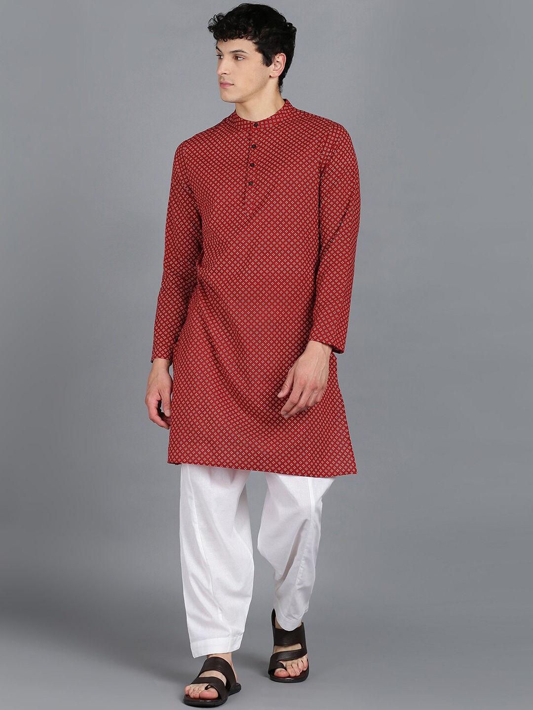

MALHAAR Band Collar Floral Printed Pure Cotton Kurta with Salwar, Red