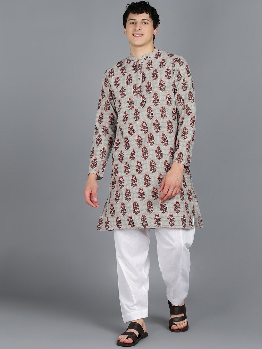 

MALHAAR Floral Printed Band Collar Kurta with Pyjamas, Grey