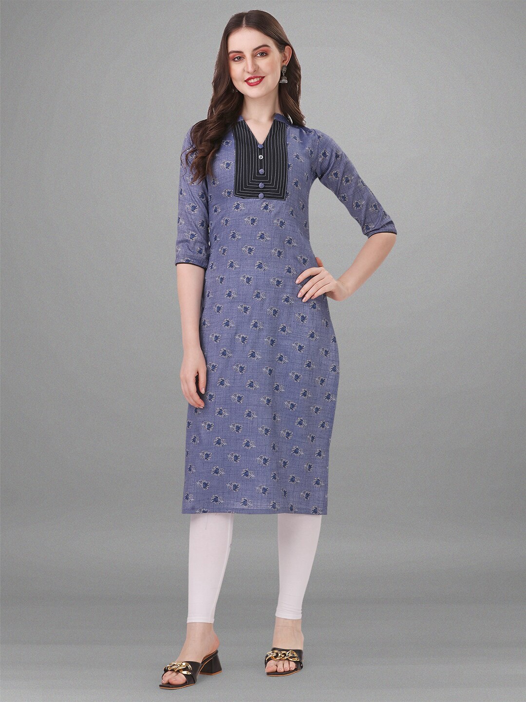 

BAPS Mandarin Collar Floral Printed Pure Cotton Kurta, Blue