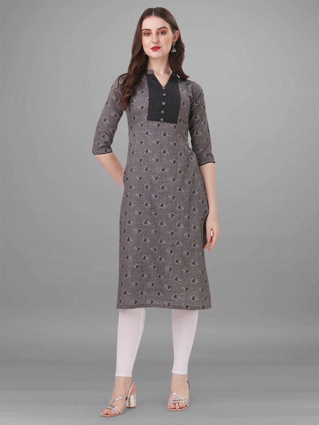 

BAPS Mandarin Collar Floral Printed Pure Cotton Kurta, Grey