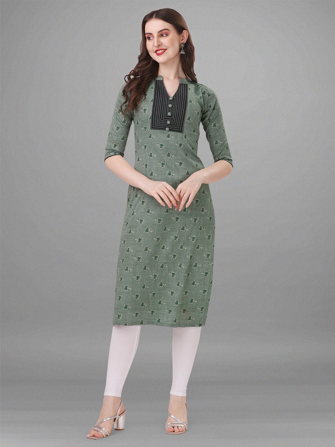 

BAPS Mandarin Collar Floral Printed Pure Cotton Kurta, Green