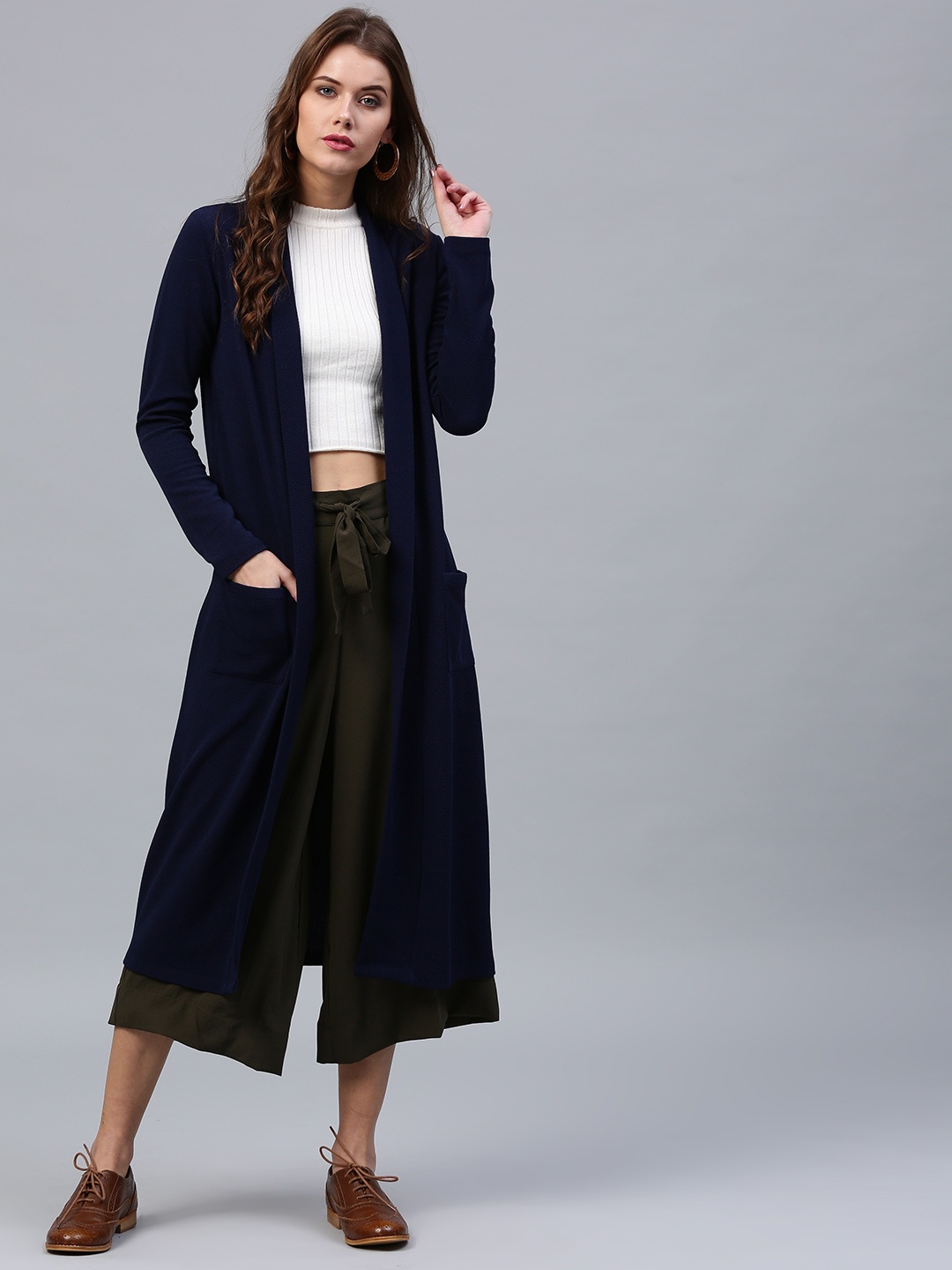 

SASSAFRAS Navy Solid Longline Open Front Shrug, Navy blue