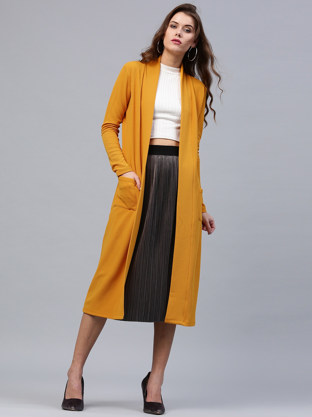 

SASSAFRAS Mustard Yellow Solid Longline Open Front Shrug