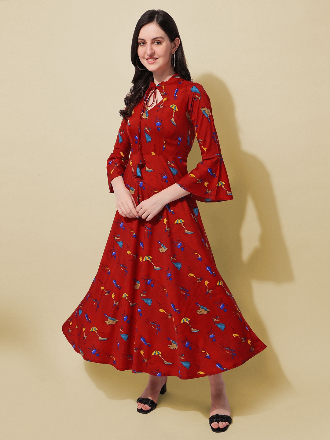 

Oomph! Floral Printed Bell Sleeves Maxi Dress, Red