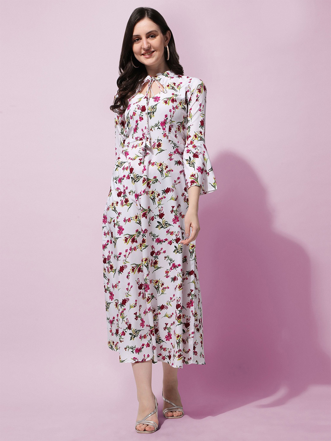 

Oomph! Floral Printed Bell Sleeves A-Line Midi Dress, White