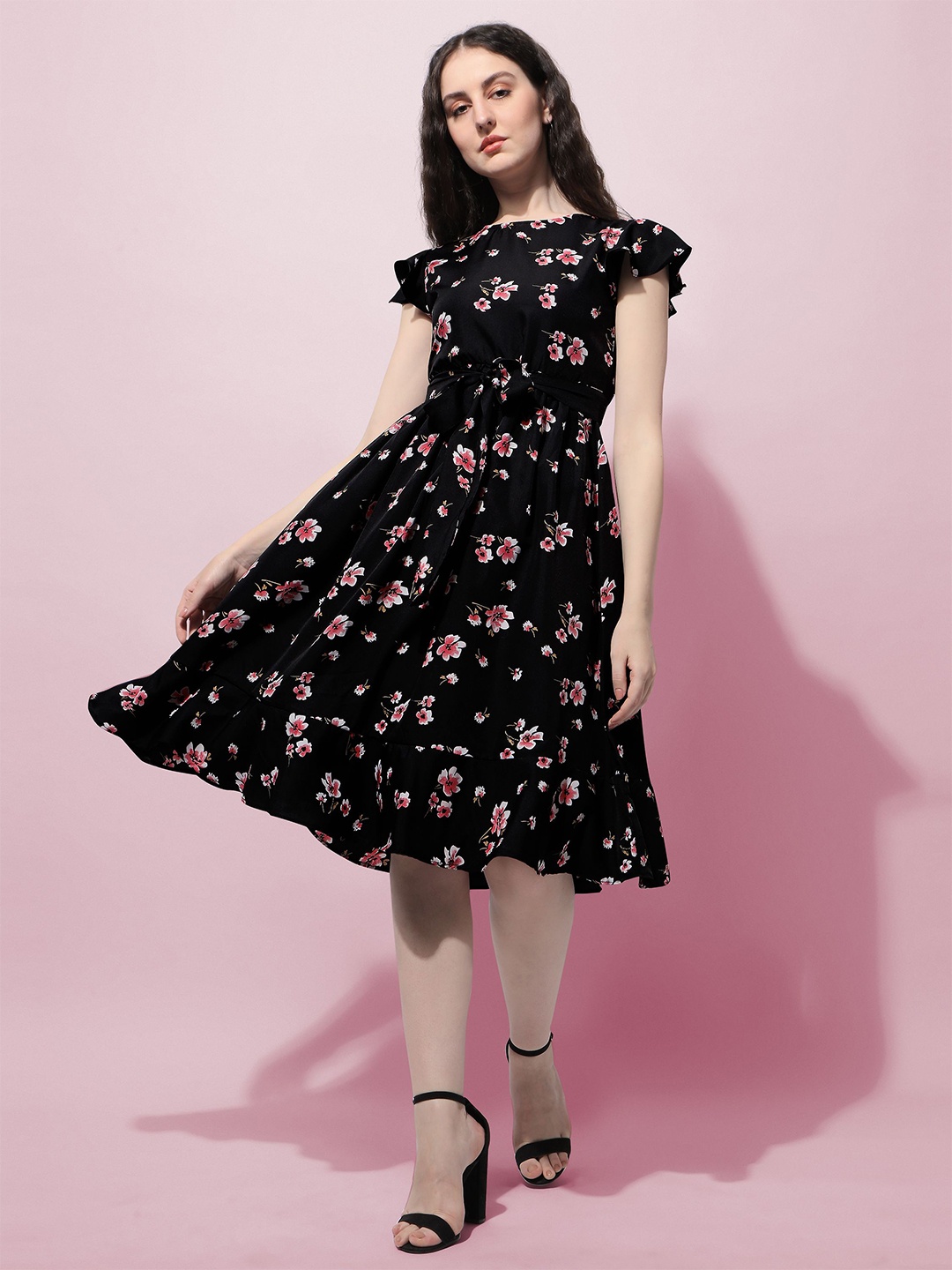 

Oomph! Floral Printed Flutter Sleeves Fit & Flare Dress, Black