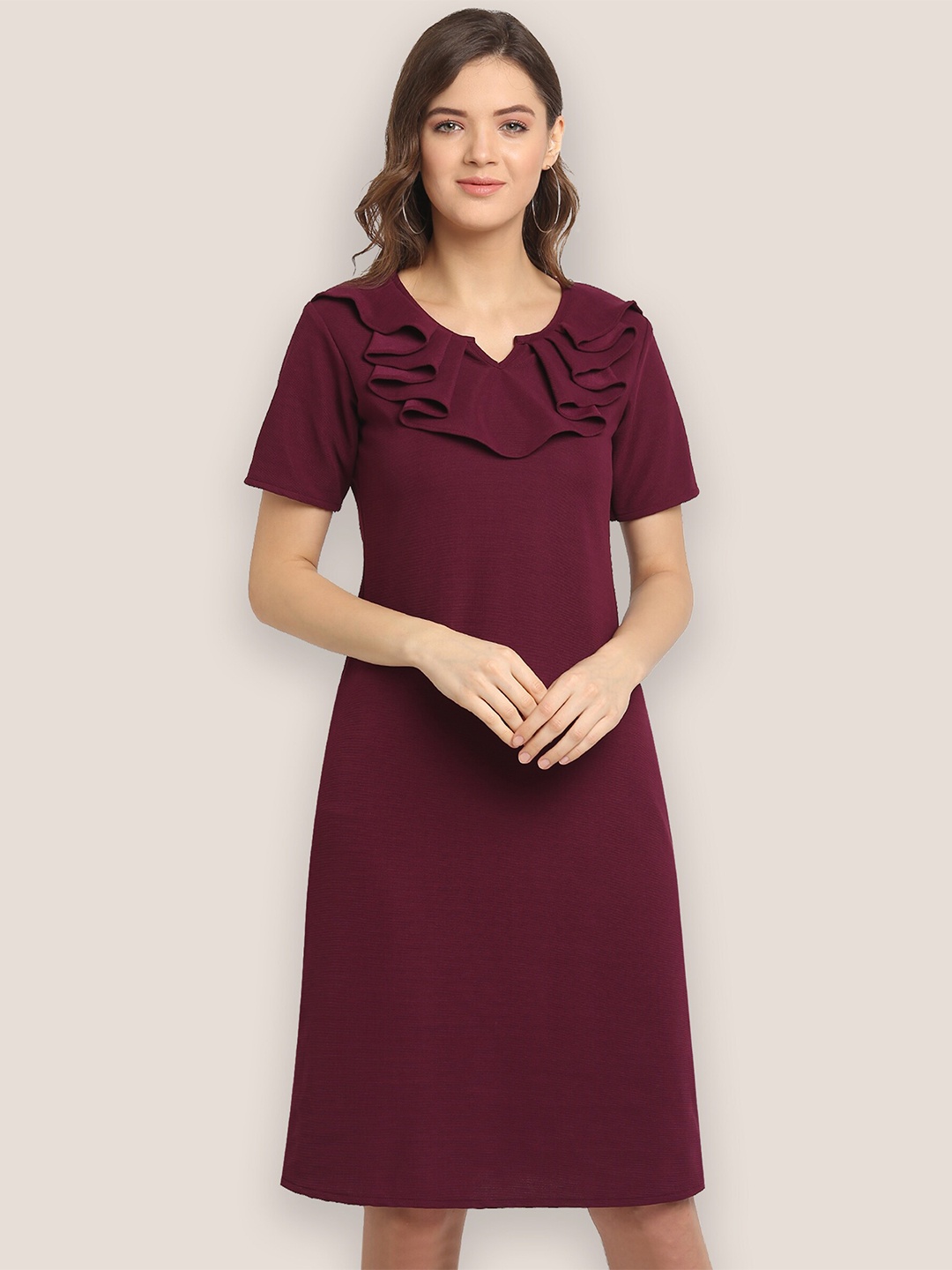 

Oomph! V Neck Ruffles A-Line Dress, Burgundy