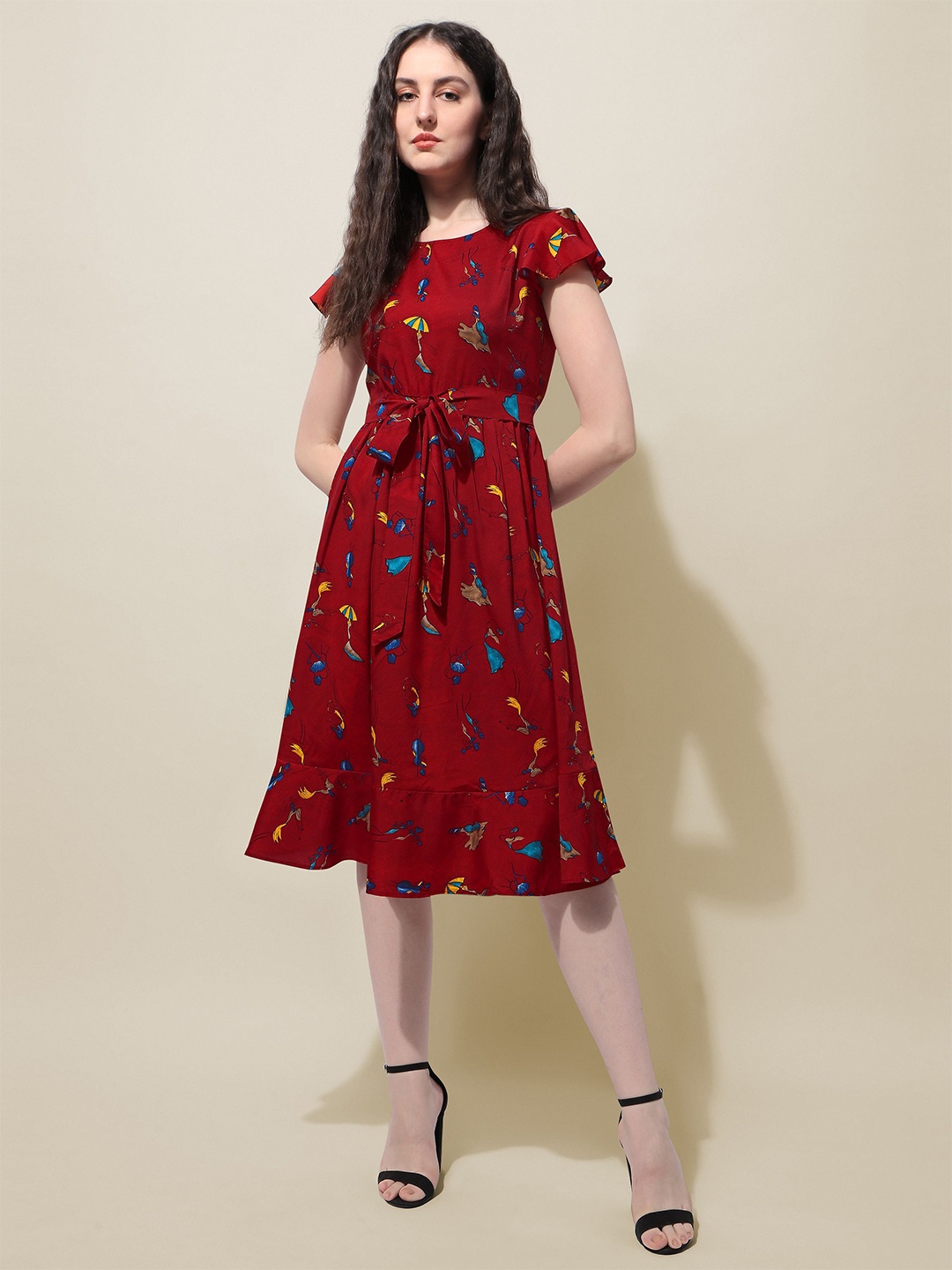 

Oomph! Conversational Printed Flutter Sleeves Fit & Flare Dress, Red