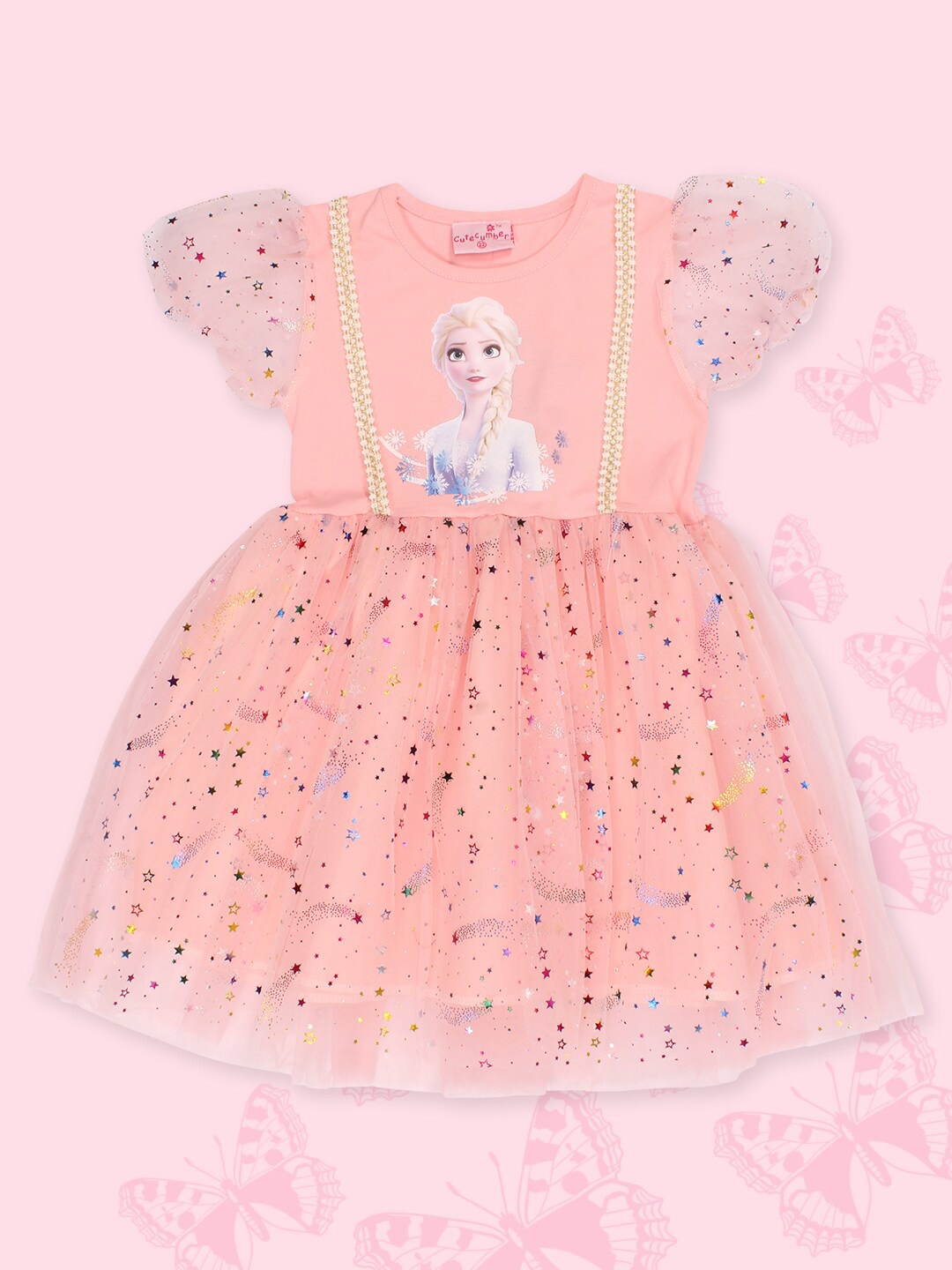 

CUTECUMBER Girls Cartoon Character Anna Printed Net Fit & Flare Dress, Peach