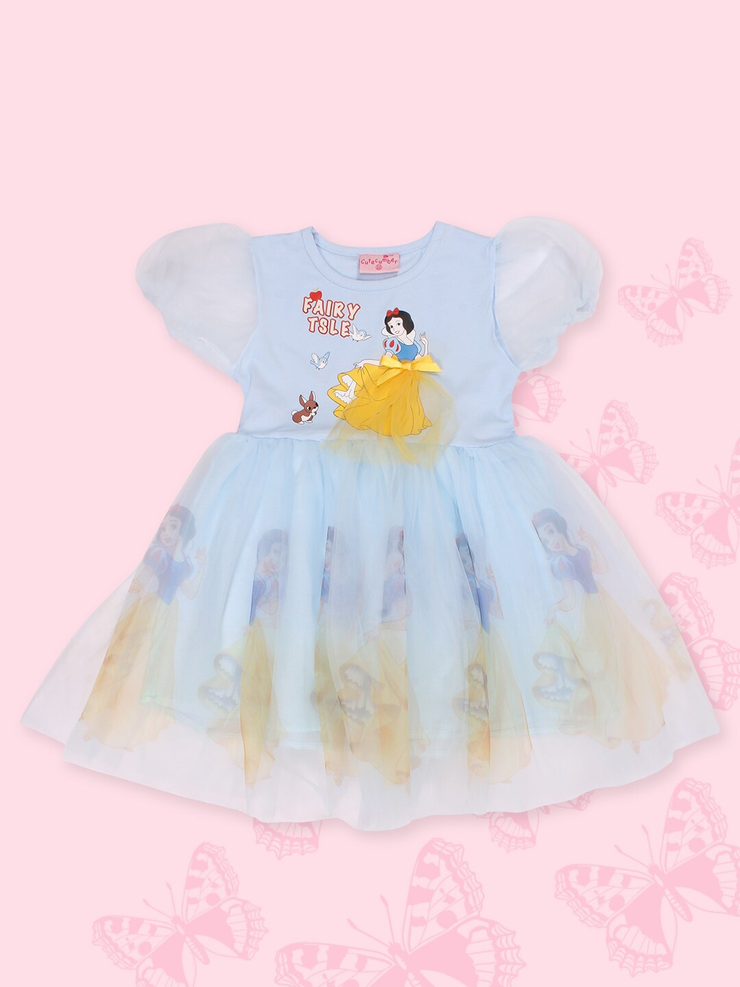 

CUTECUMBER Girls Snow White Printed Net Fit & Flare Dress, Blue