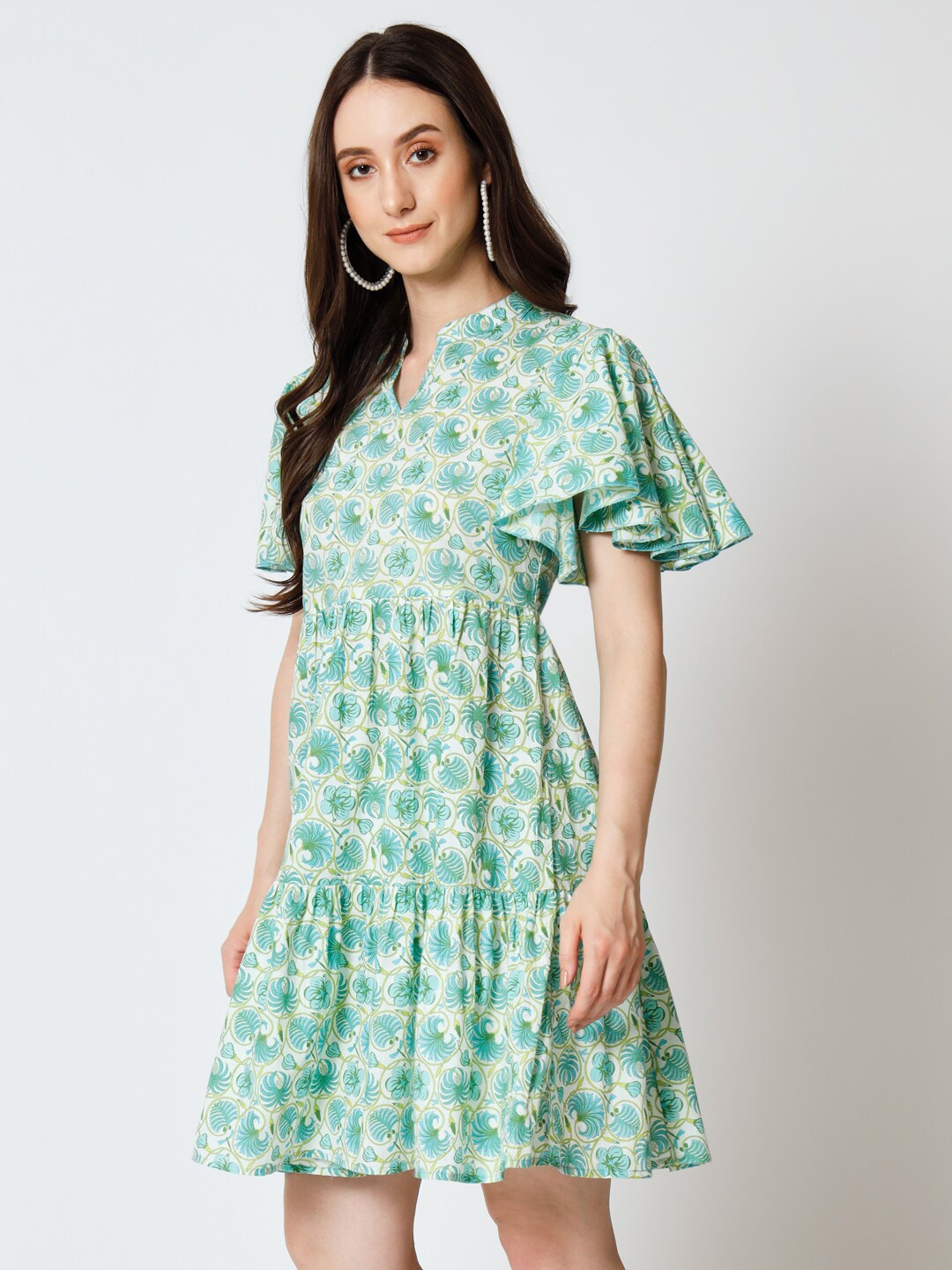 

Mishpra Floral Printed Flared Sleeves Pure Cotton Fit & Flare Dress, Green
