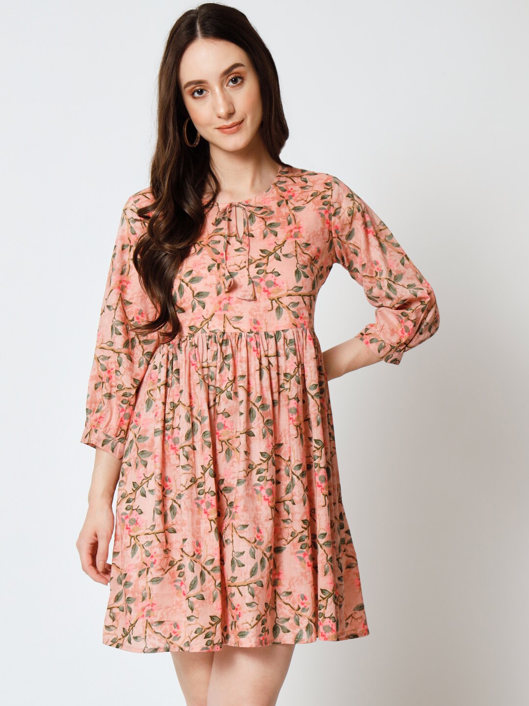 

Mishpra Floral Printed Puff Sleeves Pure Cotton Fit & Flare Dress, Peach