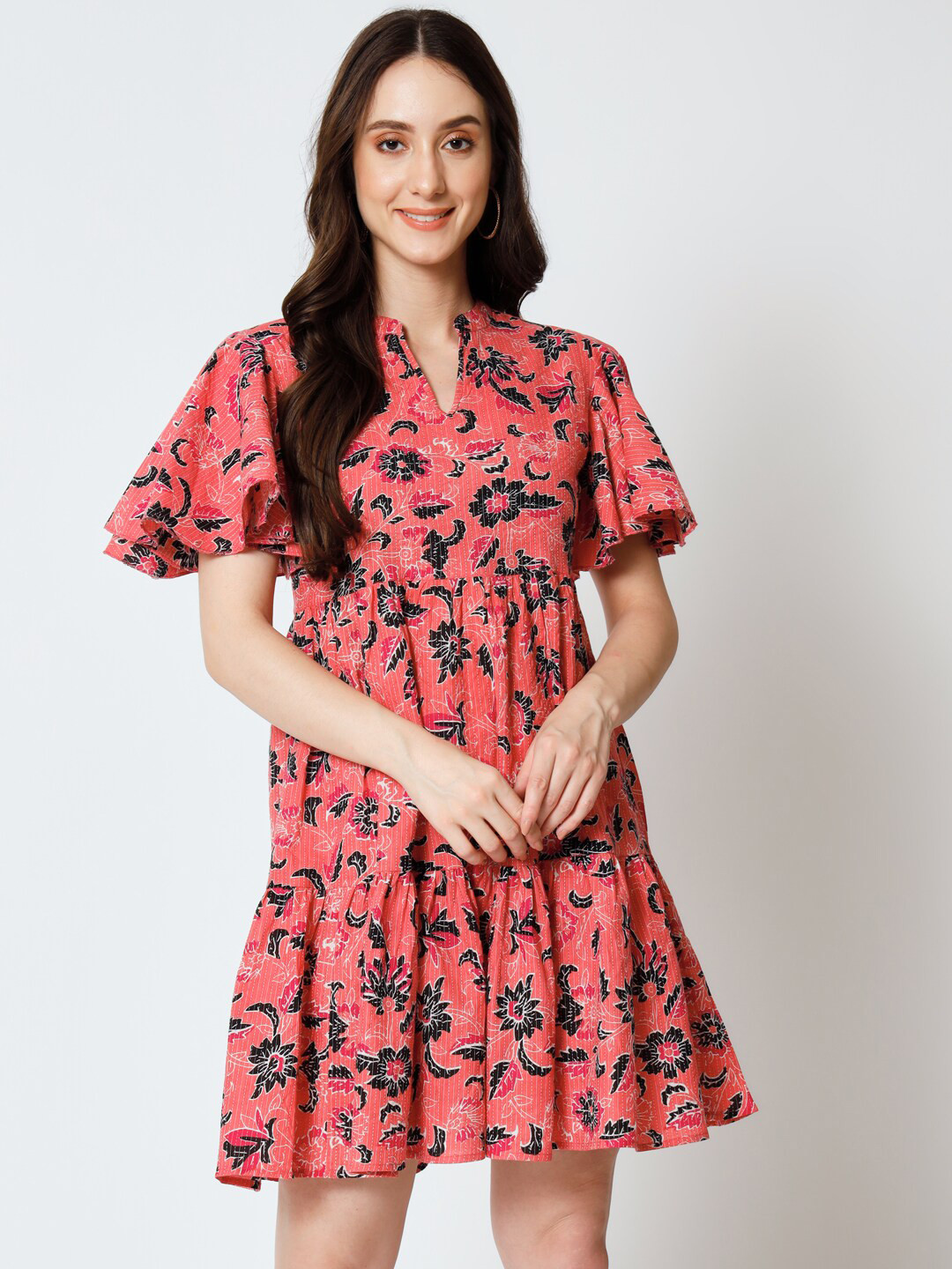 

Mishpra Floral Printed Flared Sleeves Pure Cotton Fit & Flare Dress, Pink