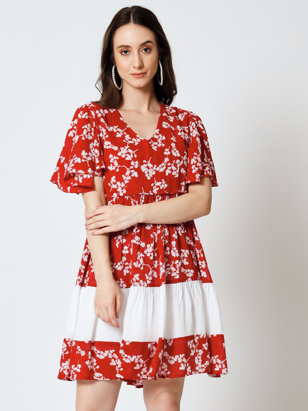 

Mishpra Floral Printed Flared Sleeve Fit & Flare Dress, Red